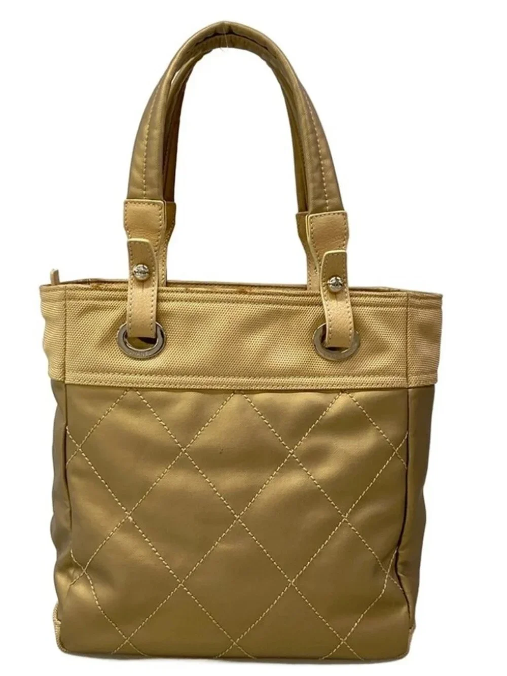 CHANEL Paris Biarritz Tote PM A34208 Gold Coated Canvas Nylon Leather Tote Bag
